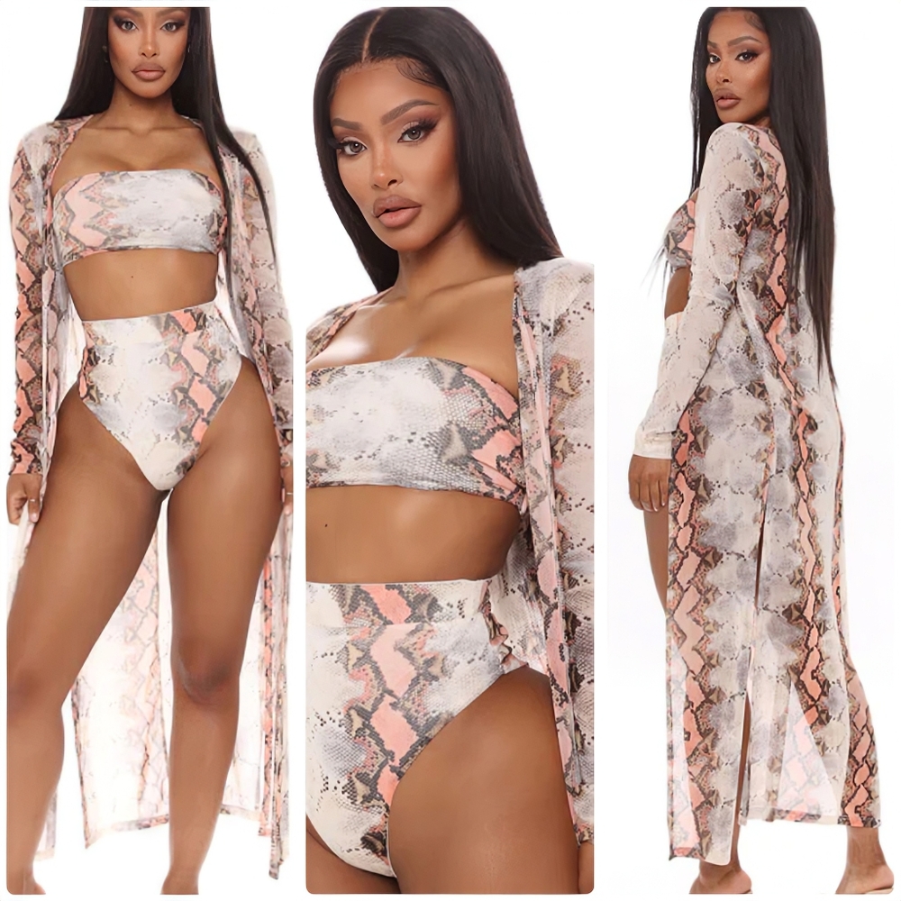 FASHION NOVA Snake Print Resort 3-Piece Tube Top Cheeky Bottom Matching Cover Up